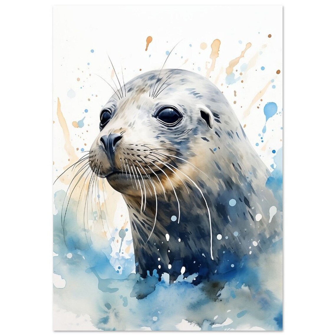 Sweet Seal Pup Big Eyes Watercolour Cute Ocean Animal Portrait Poster - Image 4