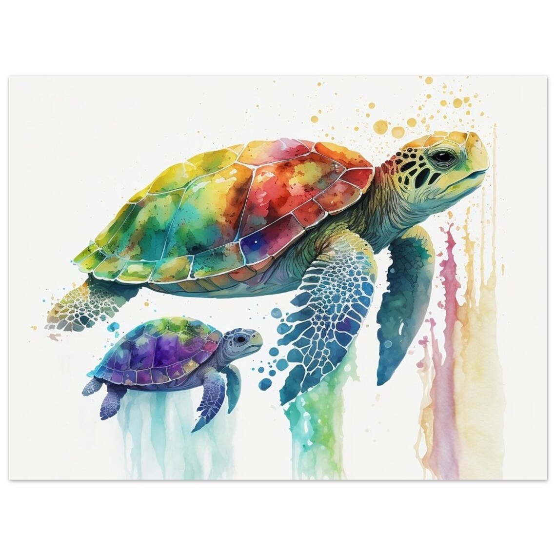 Turtle With Baby Watercolour Painting Print Poster Wall Art Dcor - Image 3