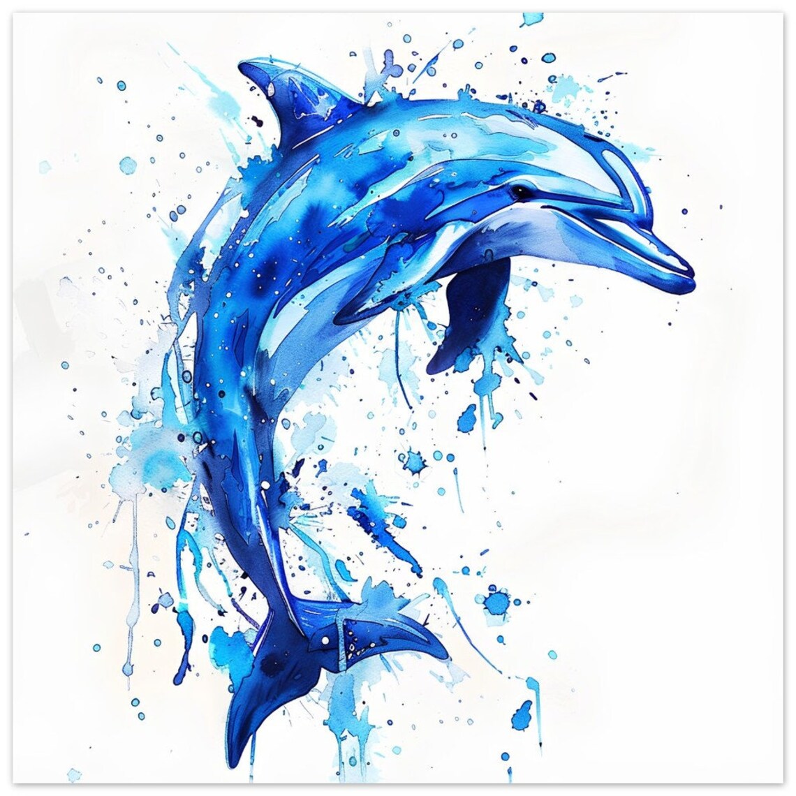 Blue Dolphin Watercolour Painting Leaping Ocean Splash Art Poster