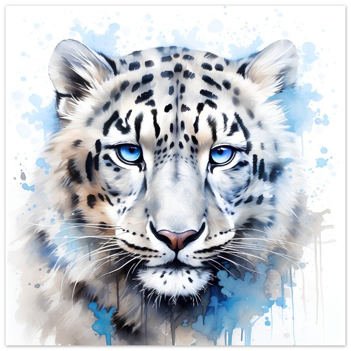 Snow Leopard Portrait With Striking Blue Eyes Watercolour Poster