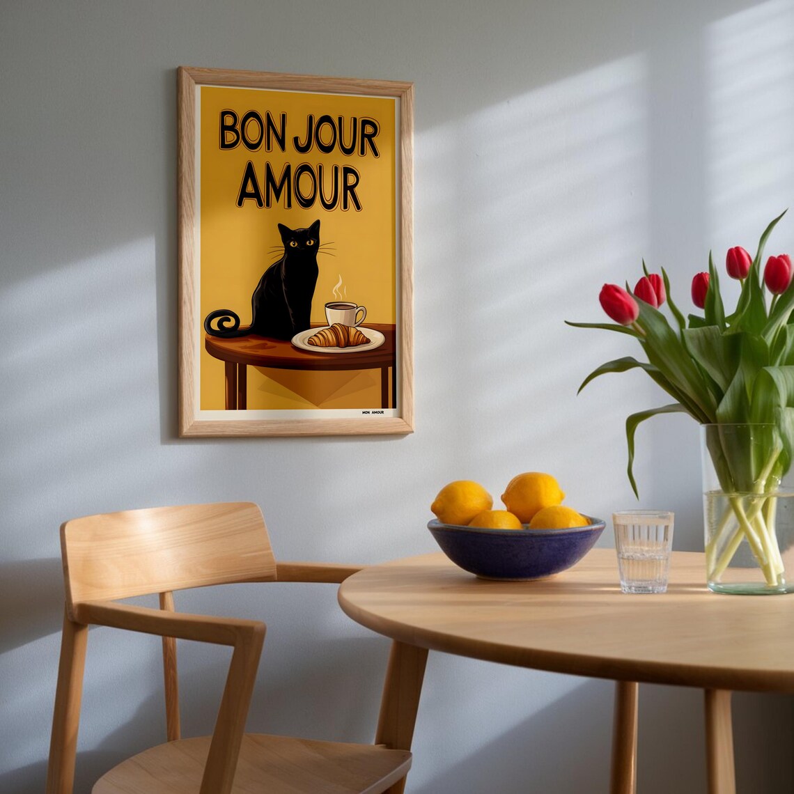Bon Jour Amour Black Cat With Croissant Coffee French Cafe Art Poster - Image 3