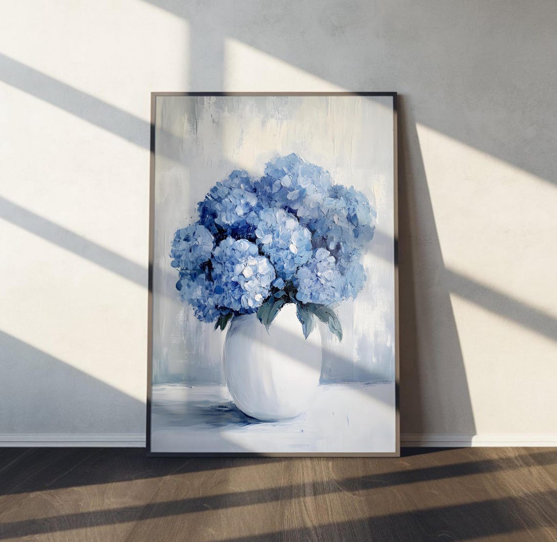Blue Hydrangeas Bouquet In White Vase Oil Painting Floral Poster