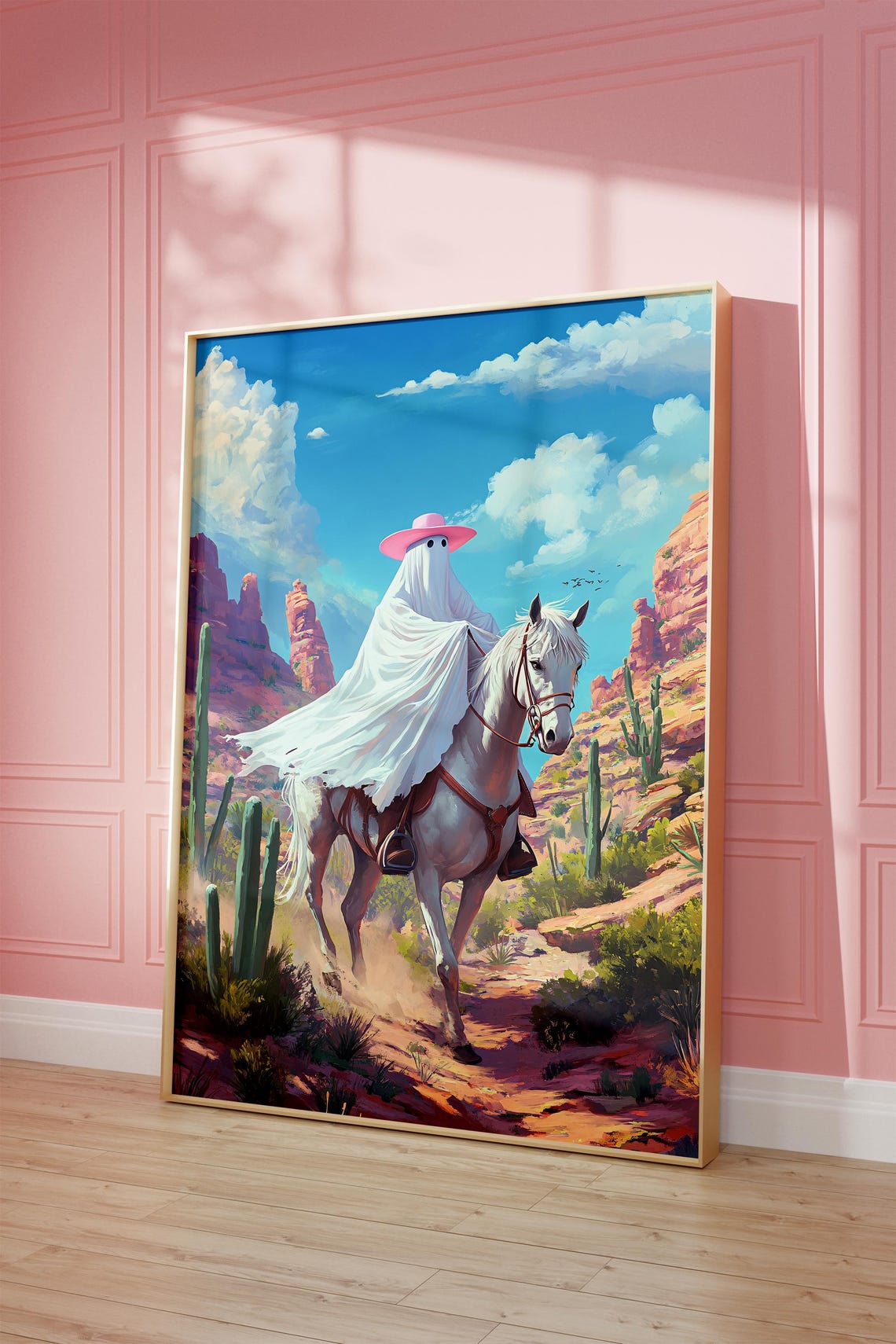 Cowboy Ghost Riding White Horse Desert Canyon Western Spooky Poster