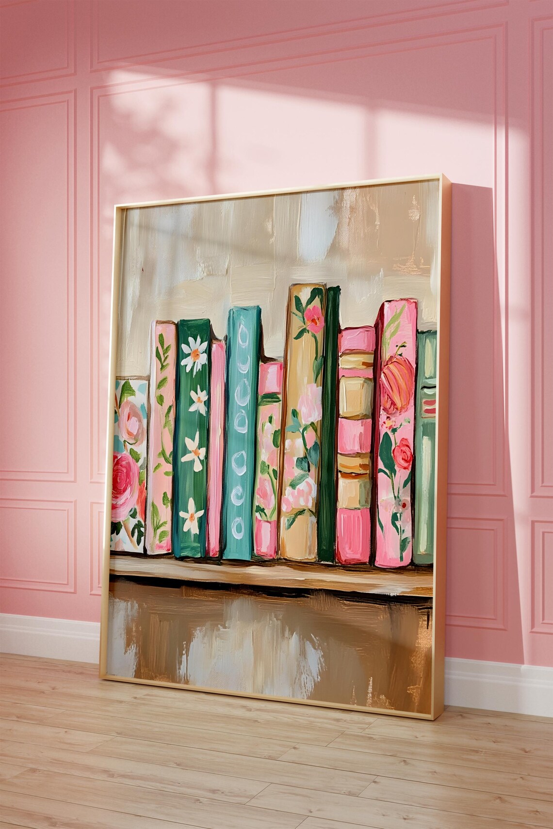 Whimsical Pastel Floral Book Spines Library Shelf Painting Poster