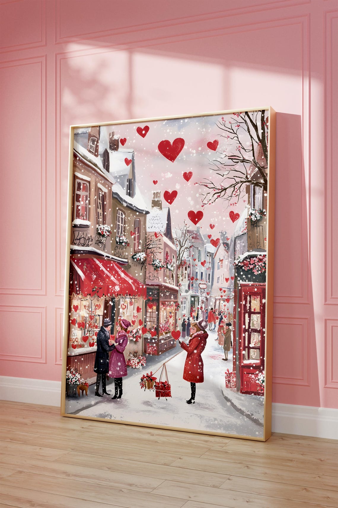 Snowy Valentine Town Street Couple Hearts Falling Romantic Poster
