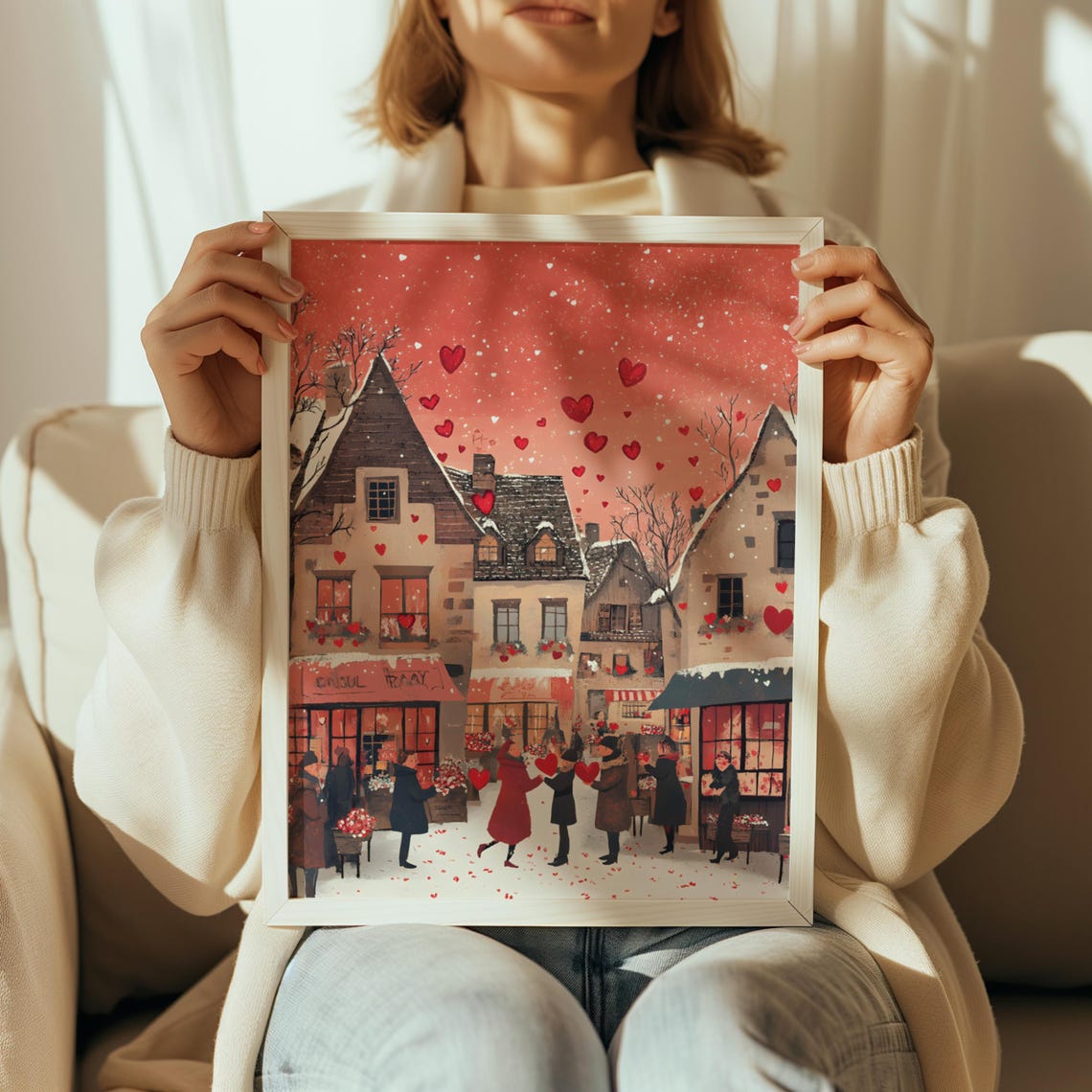 Red Evening Valentine Village Square Falling Hearts Romantic Poster - Image 2