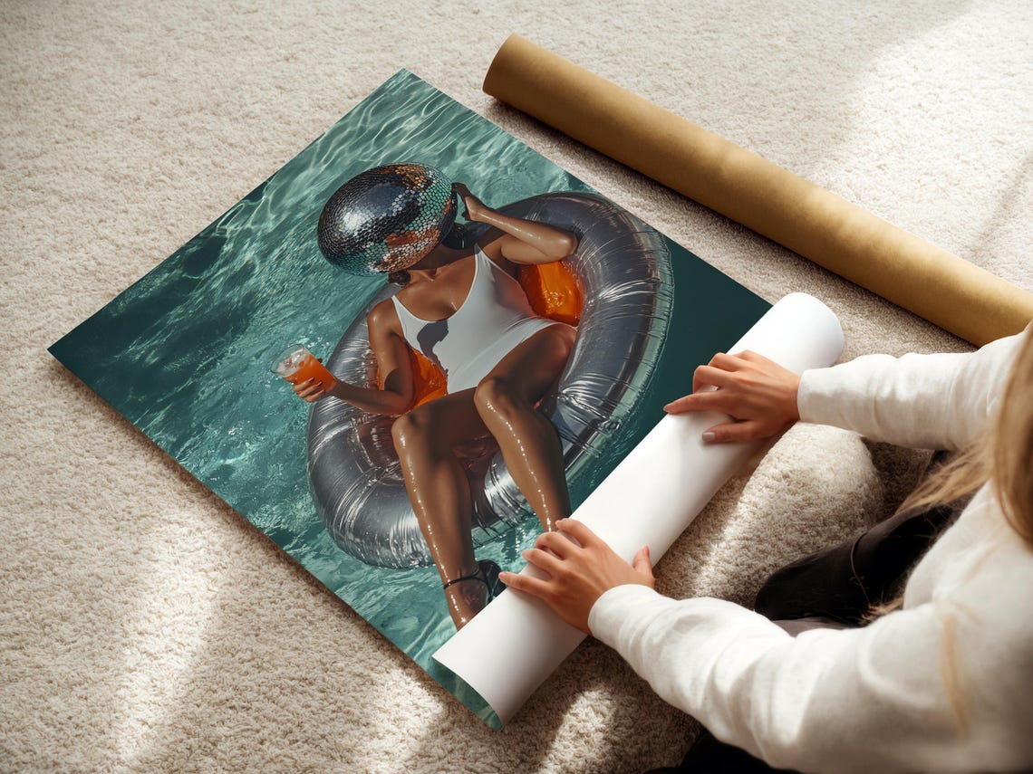 Disco Ball Head Woman Floating On Pool Float Party Fun Poster - Image 3