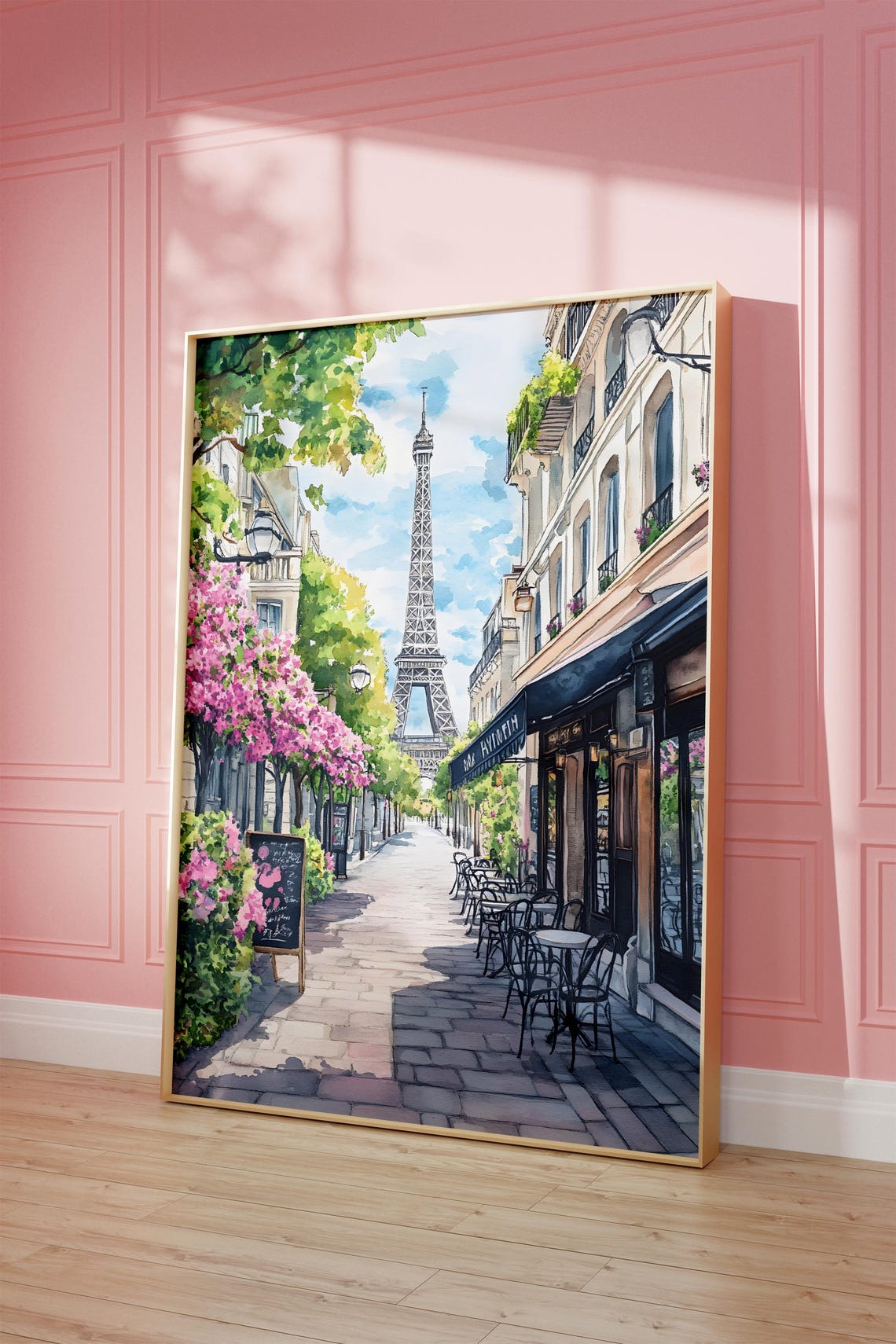 Paris Eiffel Tower Watercolor Cafe Street Spring Blossom Art Poster