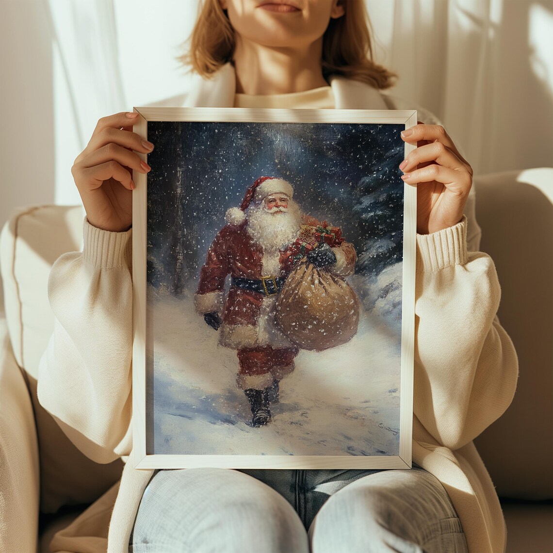 Vintage Santa Claus With Gift Sack Snowy Night Oil Painting Poster - Image 2