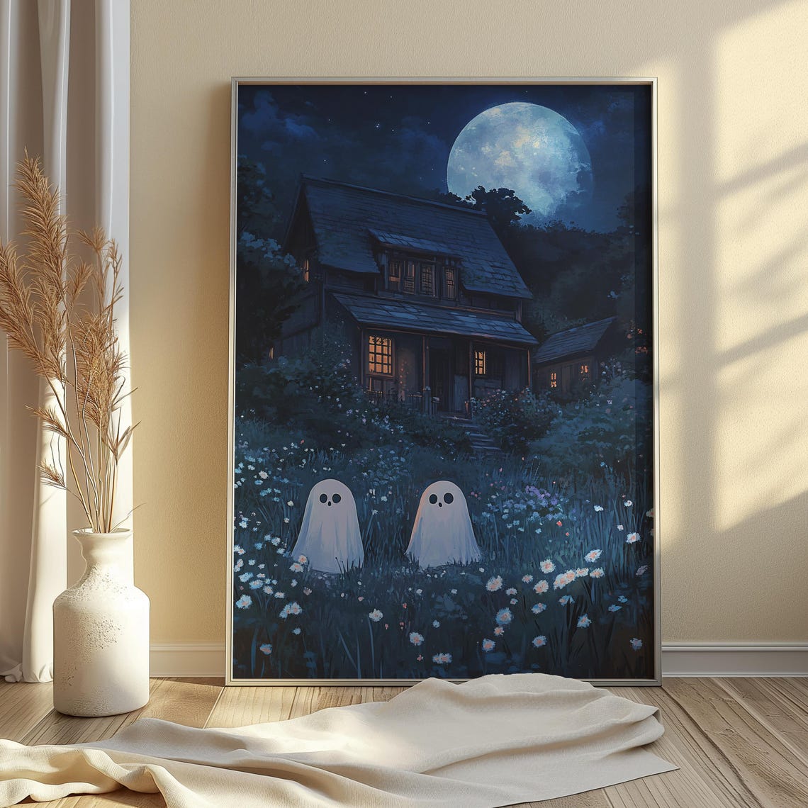 Two Cute Ghosts in Moonlit Flower Garden Spooky Night House Poster - Image 3