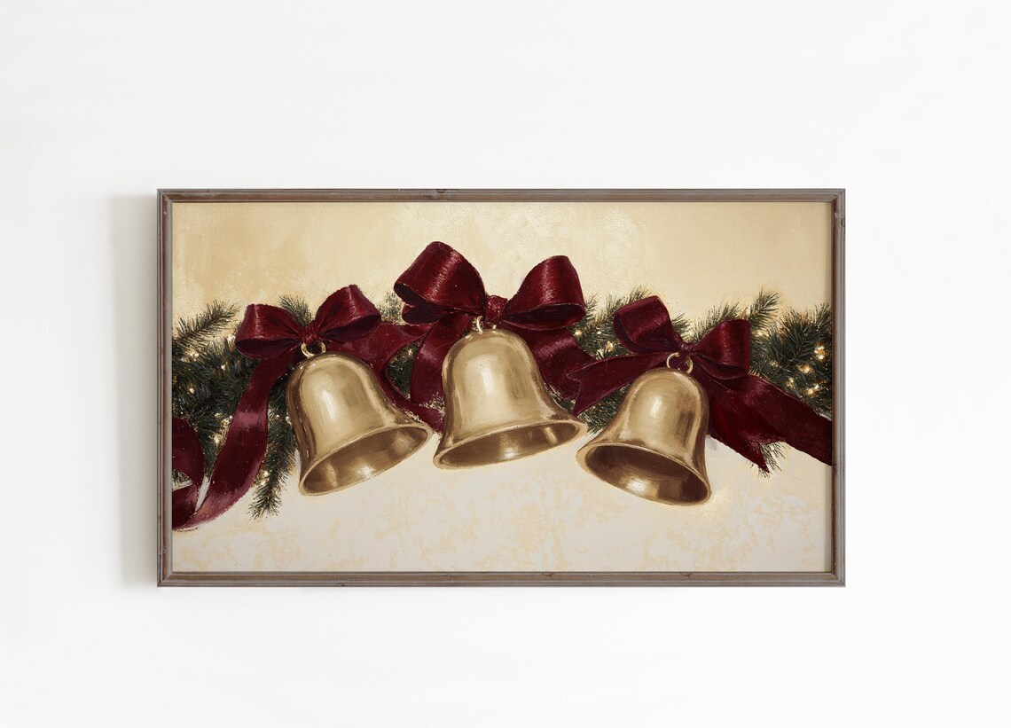 Christmas Bells and Bows Gold Burgundy Art Print - Image 2