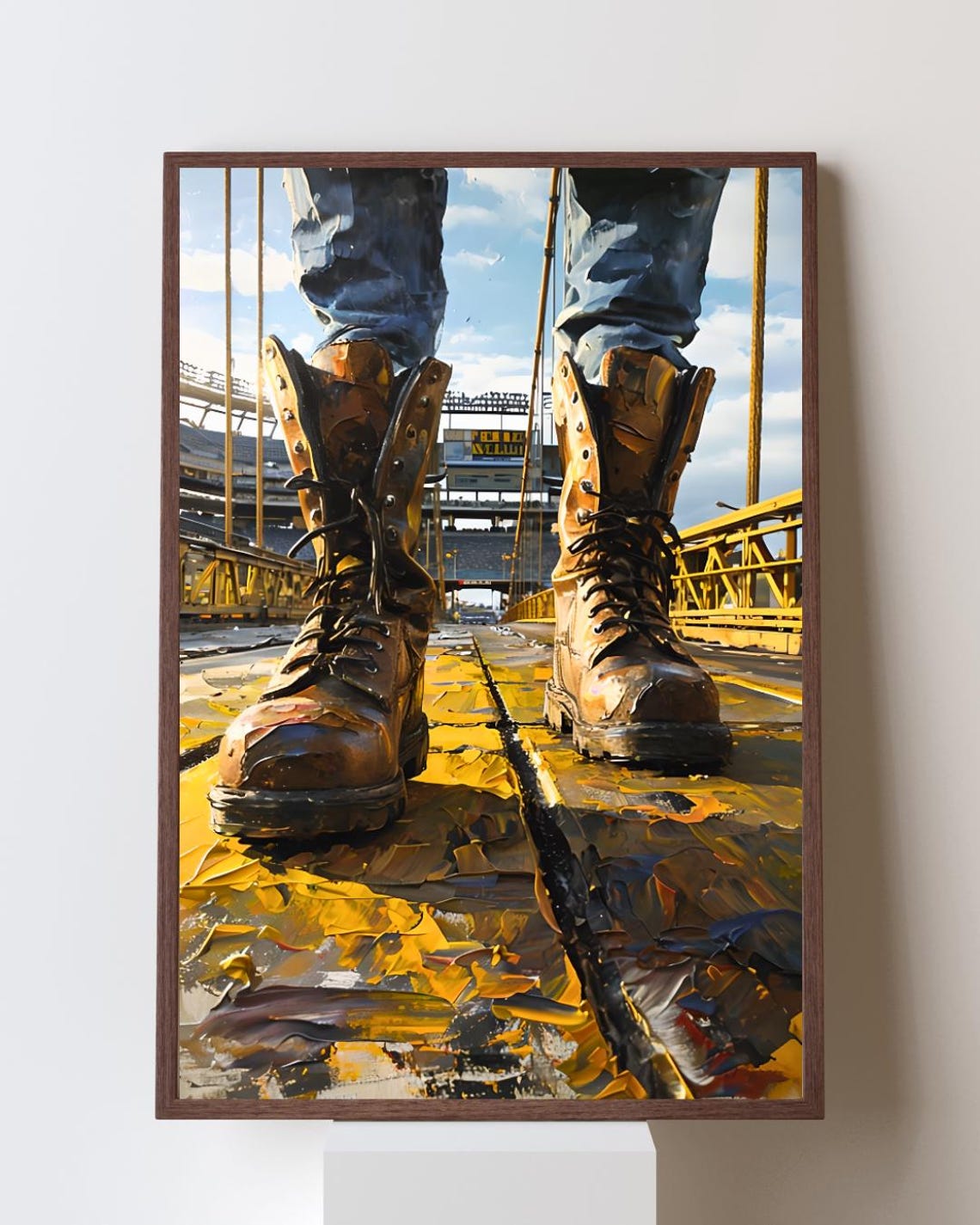 Steelworker Boots on a Sunlit Golden Pittsburgh Steel Bridge Poster