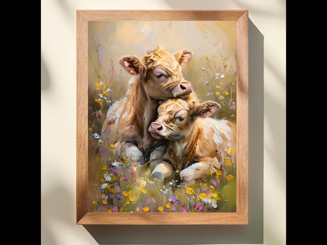 Highland Calves Cuddling Wildflower Meadow Cute Animal Art Poster
