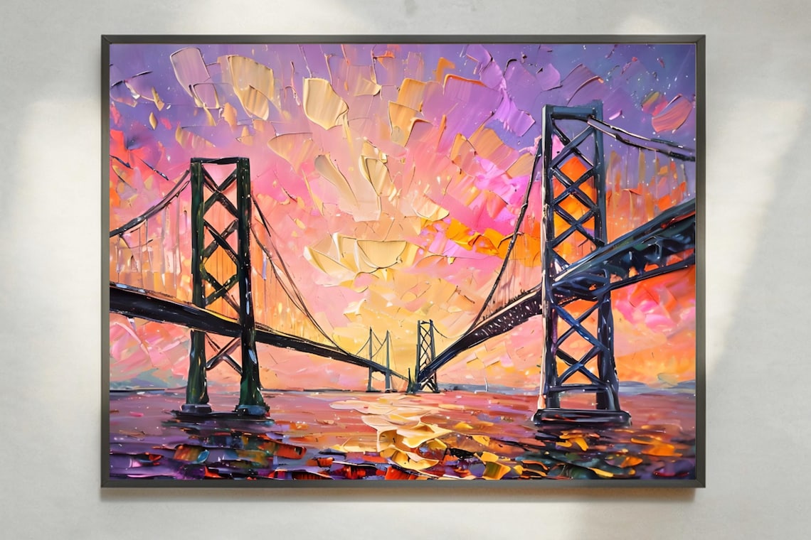 Bay Bridge Sunset Impasto Chesapeake Pink Sky Bridge Landscape Art Poster