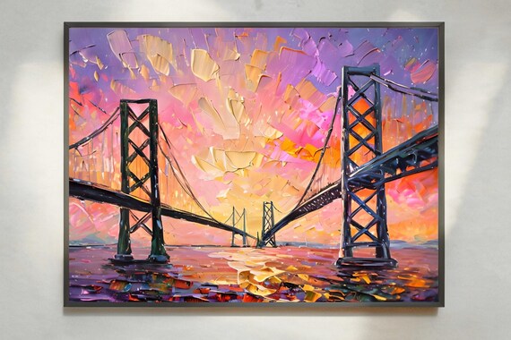 Bay Bridge Sunset Impasto Chesapeake Pink Sky Bridge Landscape Art Poster