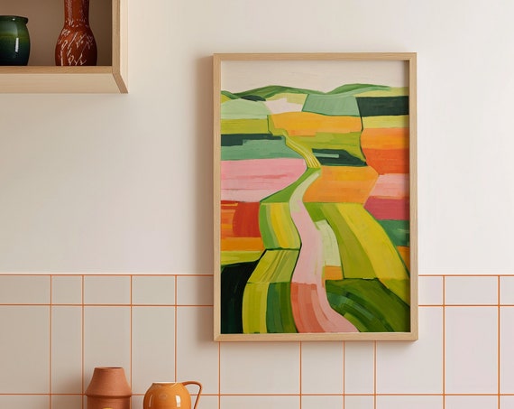 Colorful Abstract Landscape Painting, Modern Watercolor