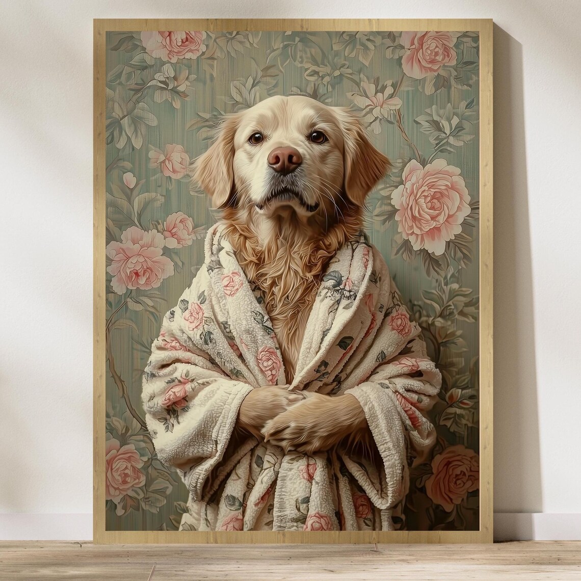 Golden Retriever In Floral Bathrobe Funny Dog Portrait Art Poster