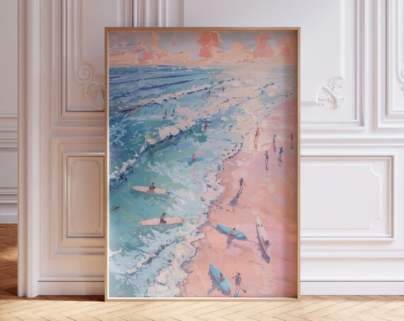 Aerial Surfers Beach Shoreline Pastel Coastal Summer Art Poster