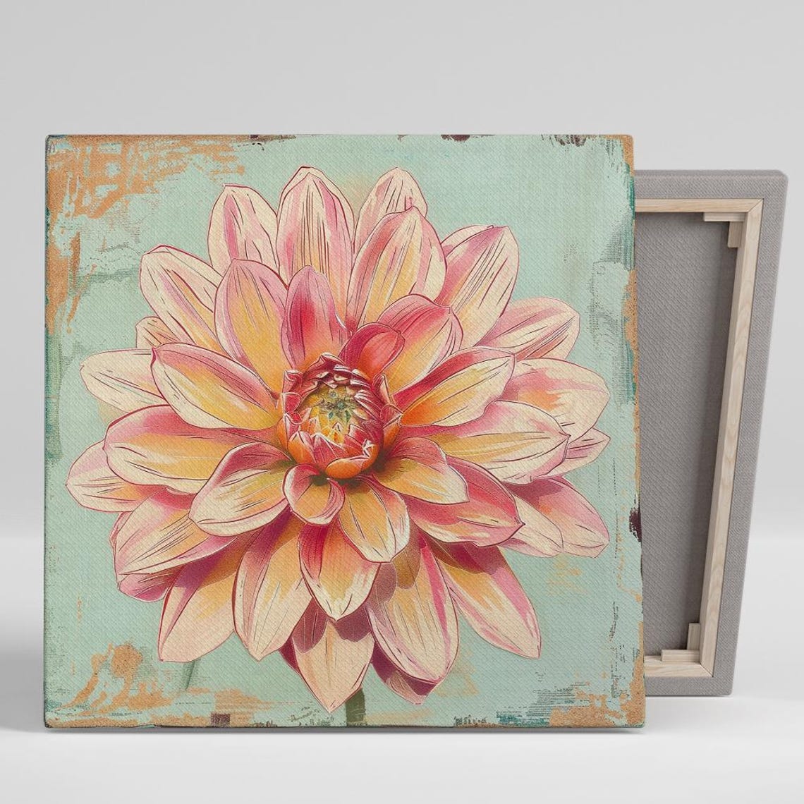 Vintage Pink Yellow Dahlia Distressed Mint Teal Rustic Floral Poster