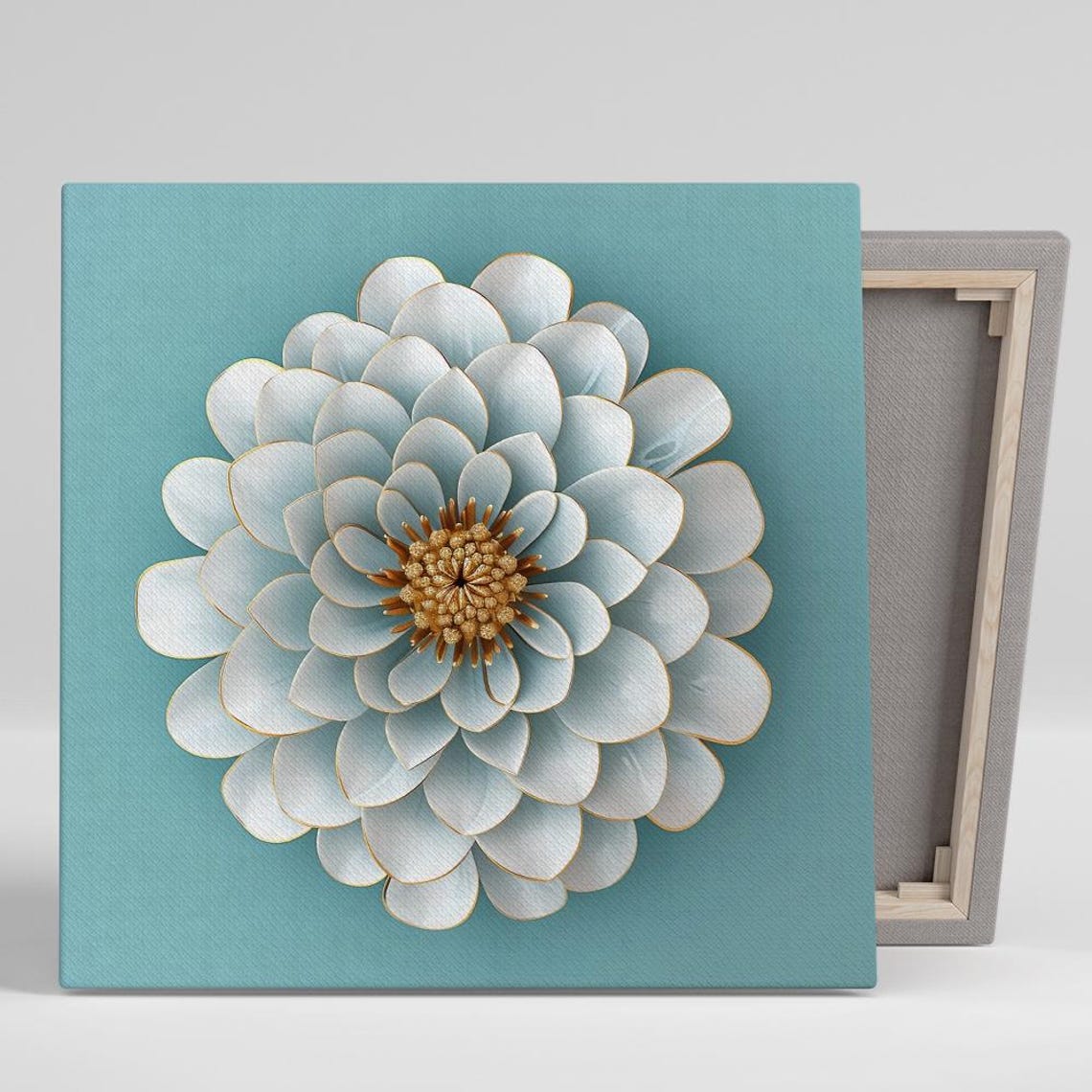 White Paper Quilling Dahlia 3D Flower Teal Background Art Poster