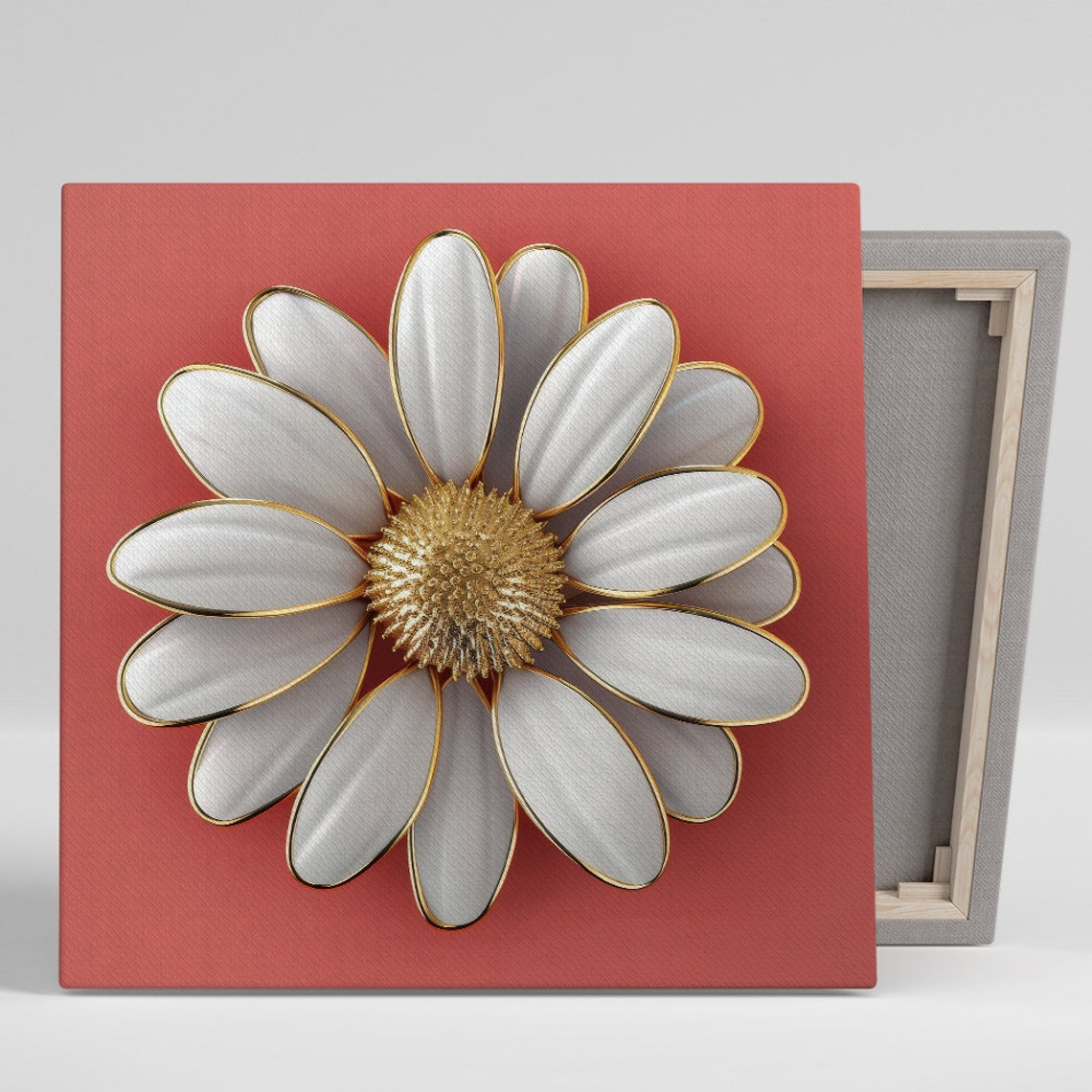 White Daisy Gold Rim 3D Bloom on Coral Red Glam Floral Wall Art Poster