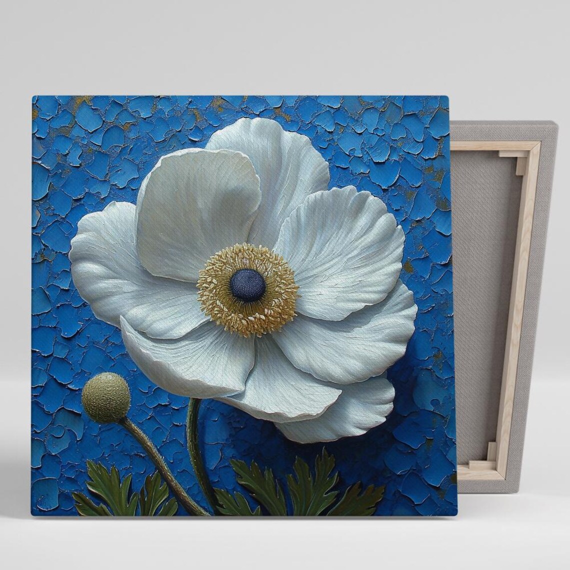 White Poppy Flower Gold Center Cobalt Blue Impasto Floral Art Poster
