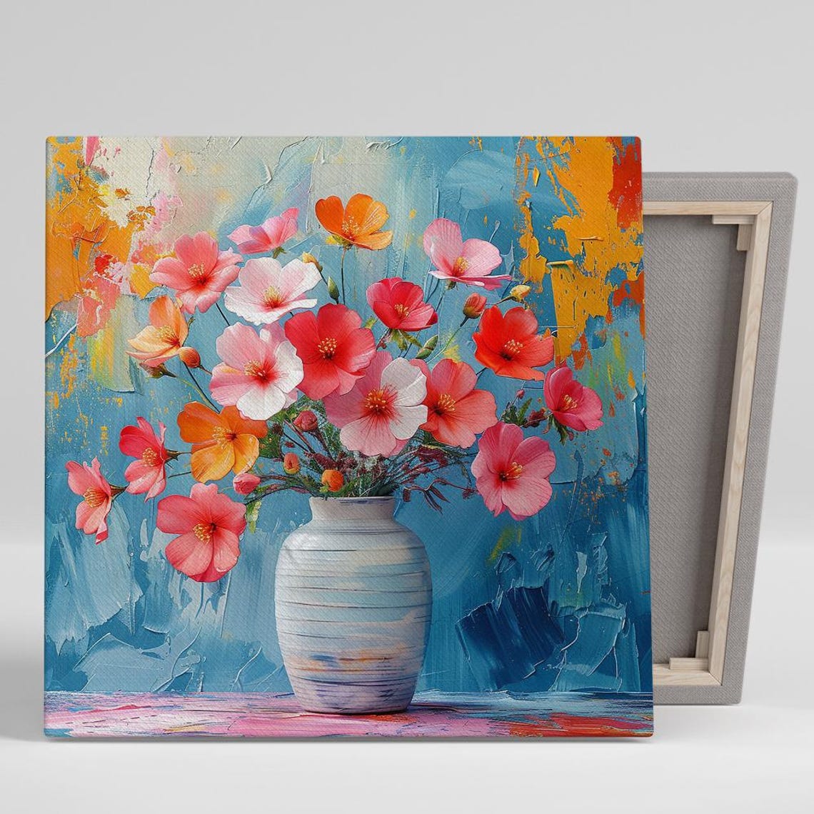 Coral Wildflower Bouquet Striped Vase Blue Impasto Floral Print