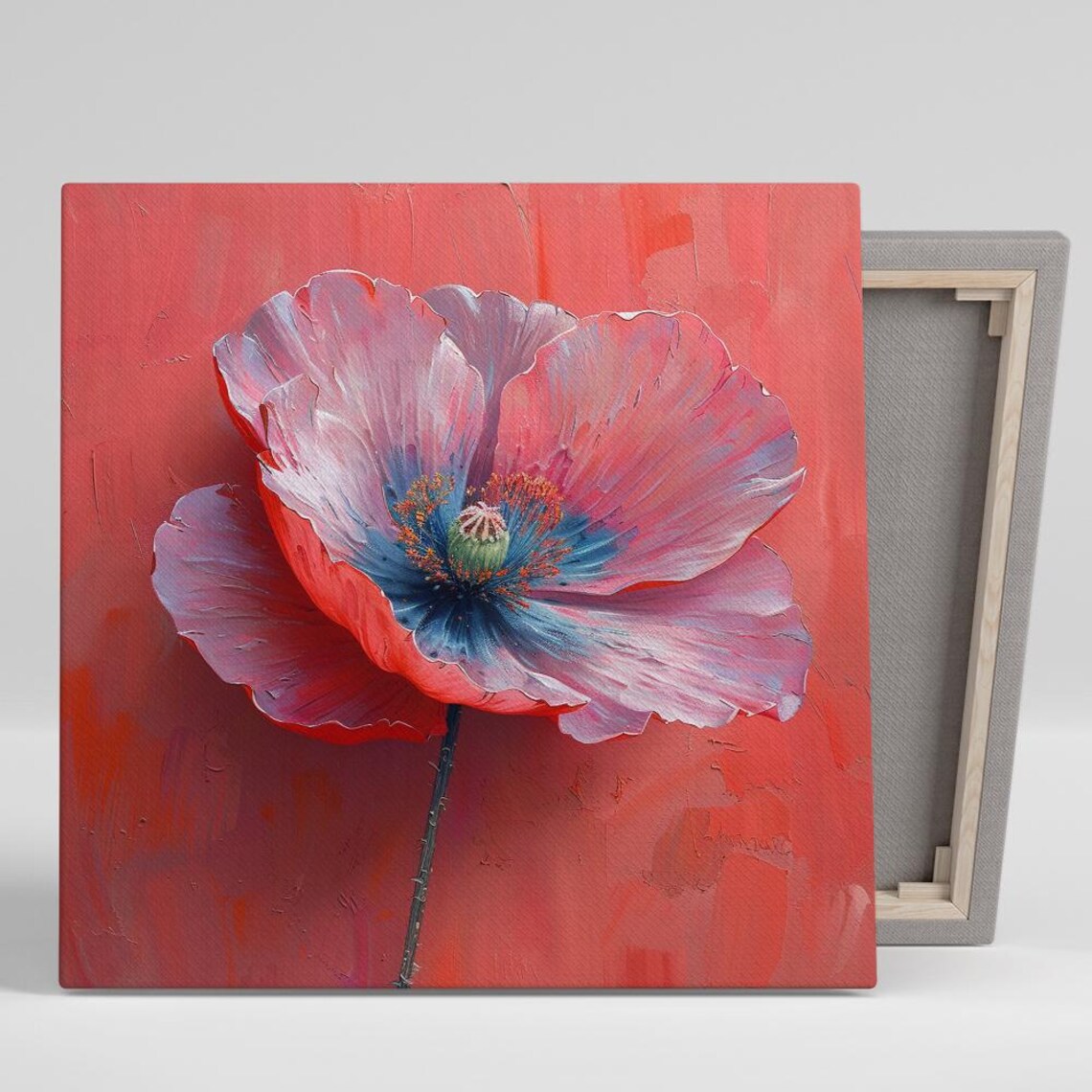 Red Poppy Bloom Impasto Oil Painting on Coral Background Floral Print