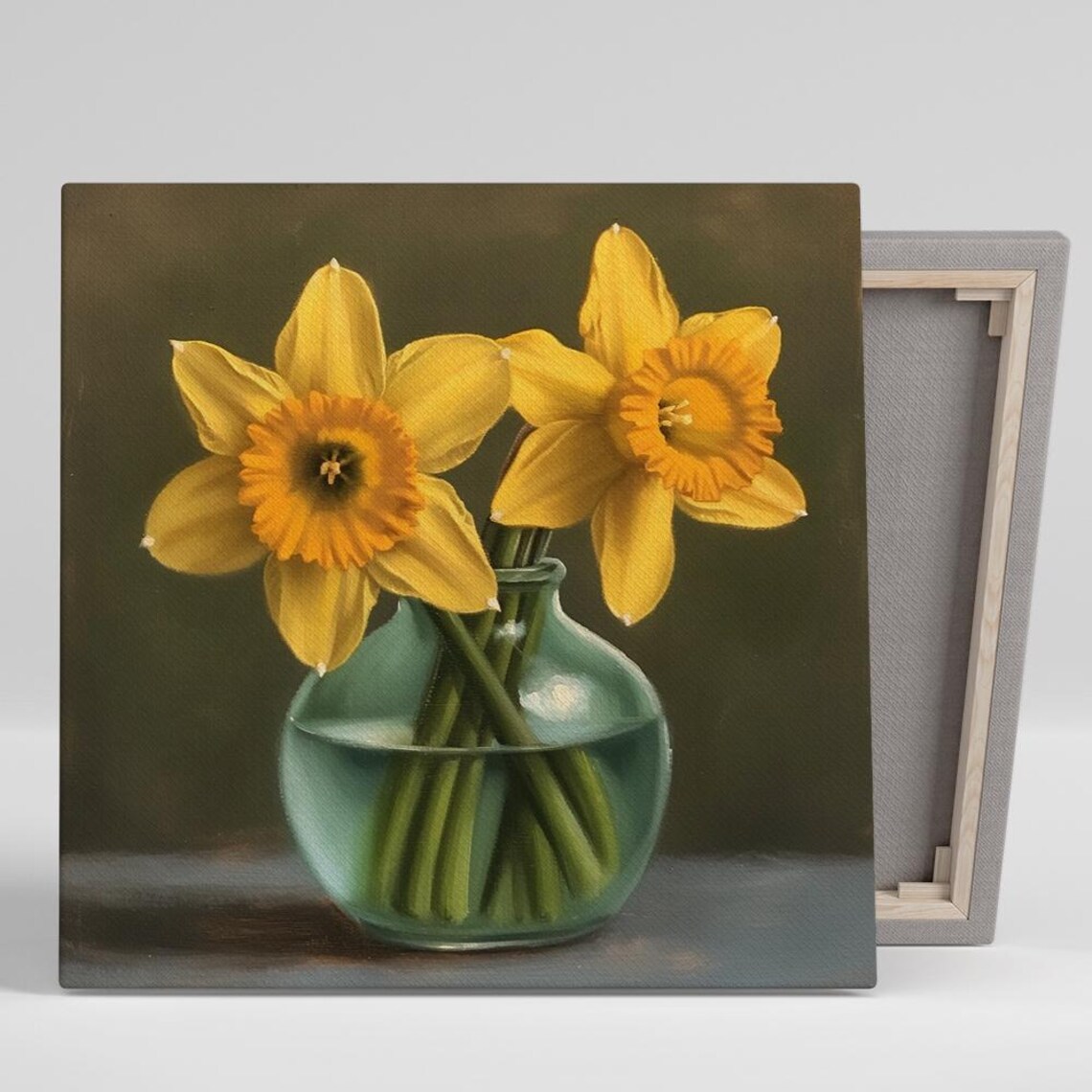 Yellow Daffodils in Green Glass Vase Moody Still Life Wall Art
