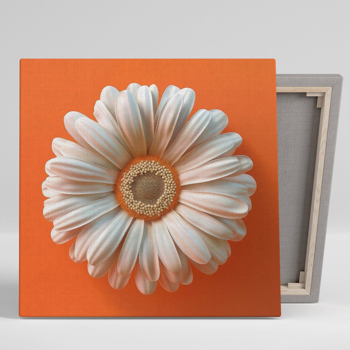 White Daisy Orange Background Minimalist Floral Canvas Art Print
