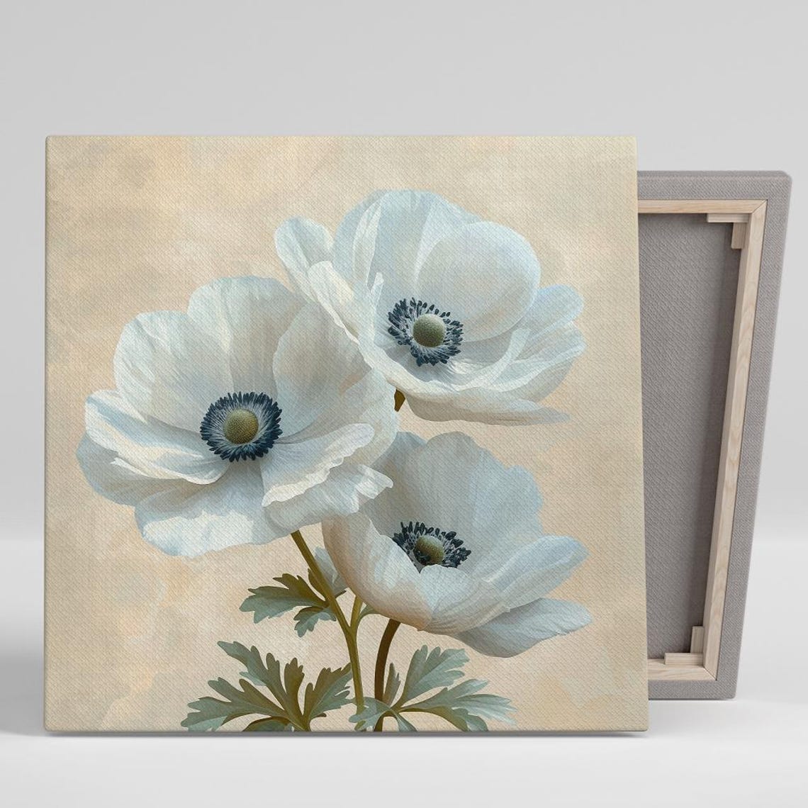 White Anemones Watercolor Bouquet Soft Cream Beige Elegant Poster