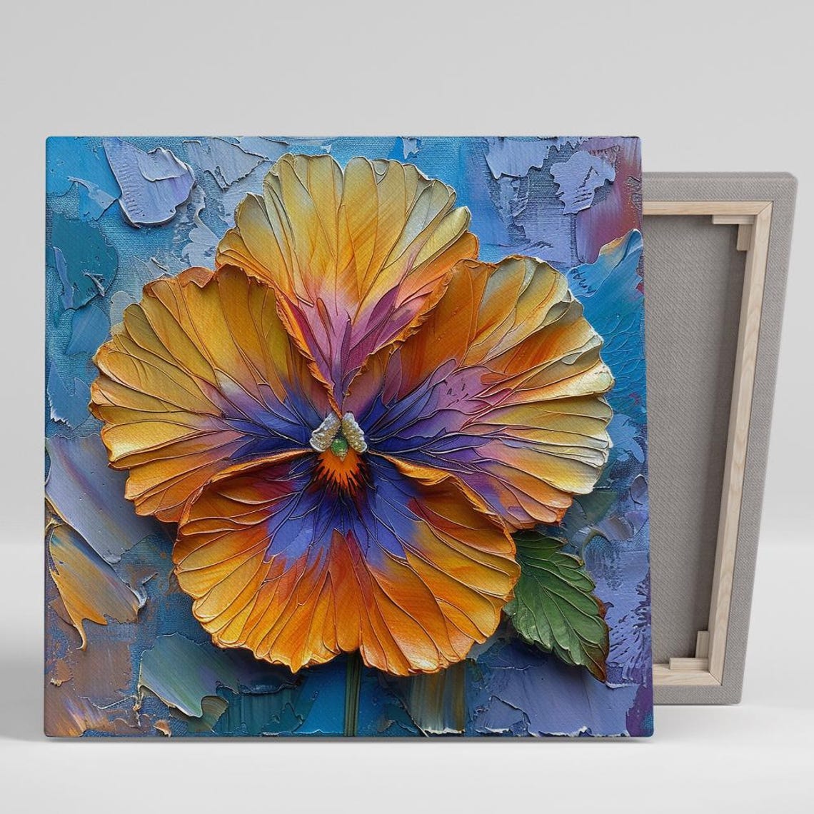 Orange Pansy Impasto Oil Painting Textured Blue Background Wall Poster