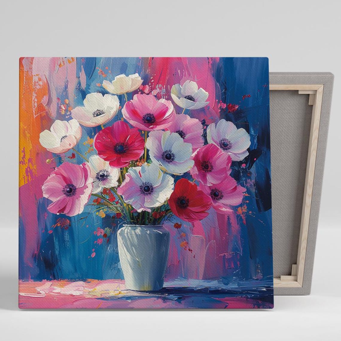Pink Red White Anemones Bouquet Blue Pink Abstract Background Poster