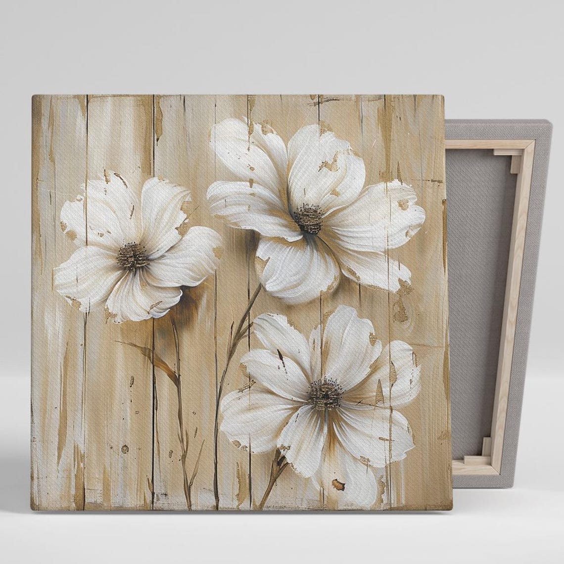 White Cosmos Flowers Rustic Wood Plank Background Floral Art Poster
