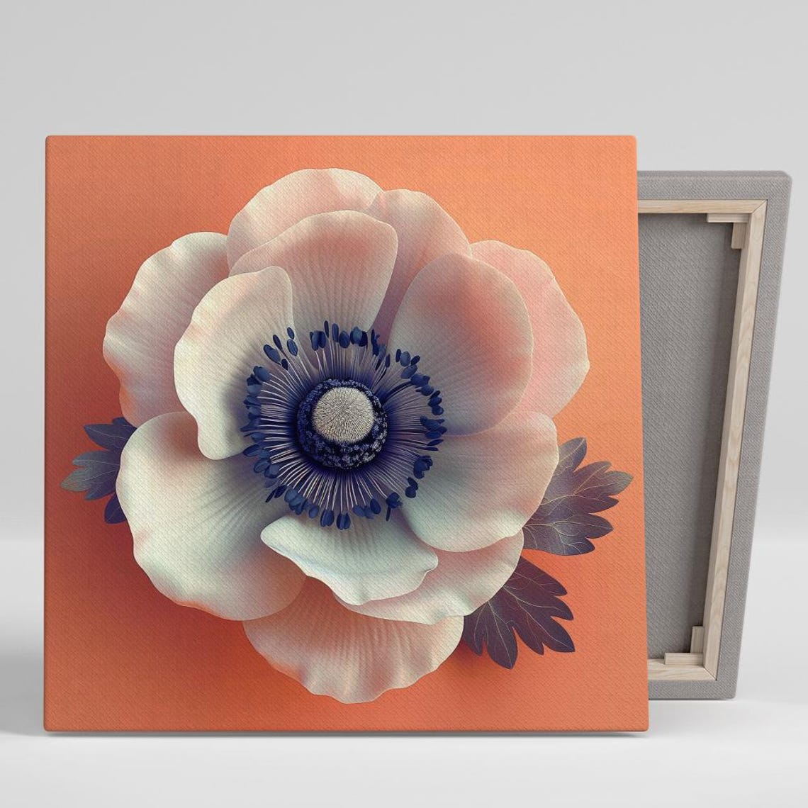 White Anemone Navy Center Coral Minimalist Macro Floral Print
