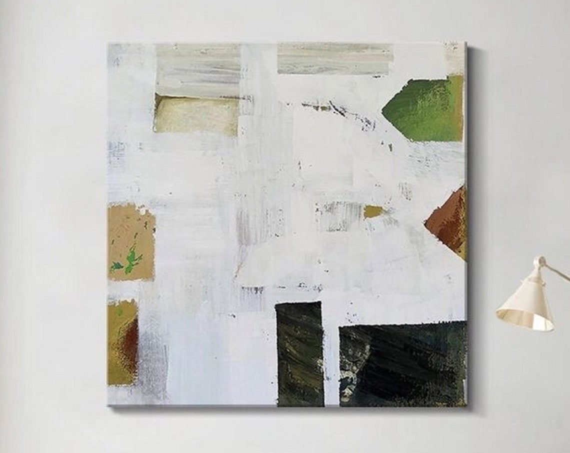 White Collage With Green Black Rust Blocks Abstract Art Poster