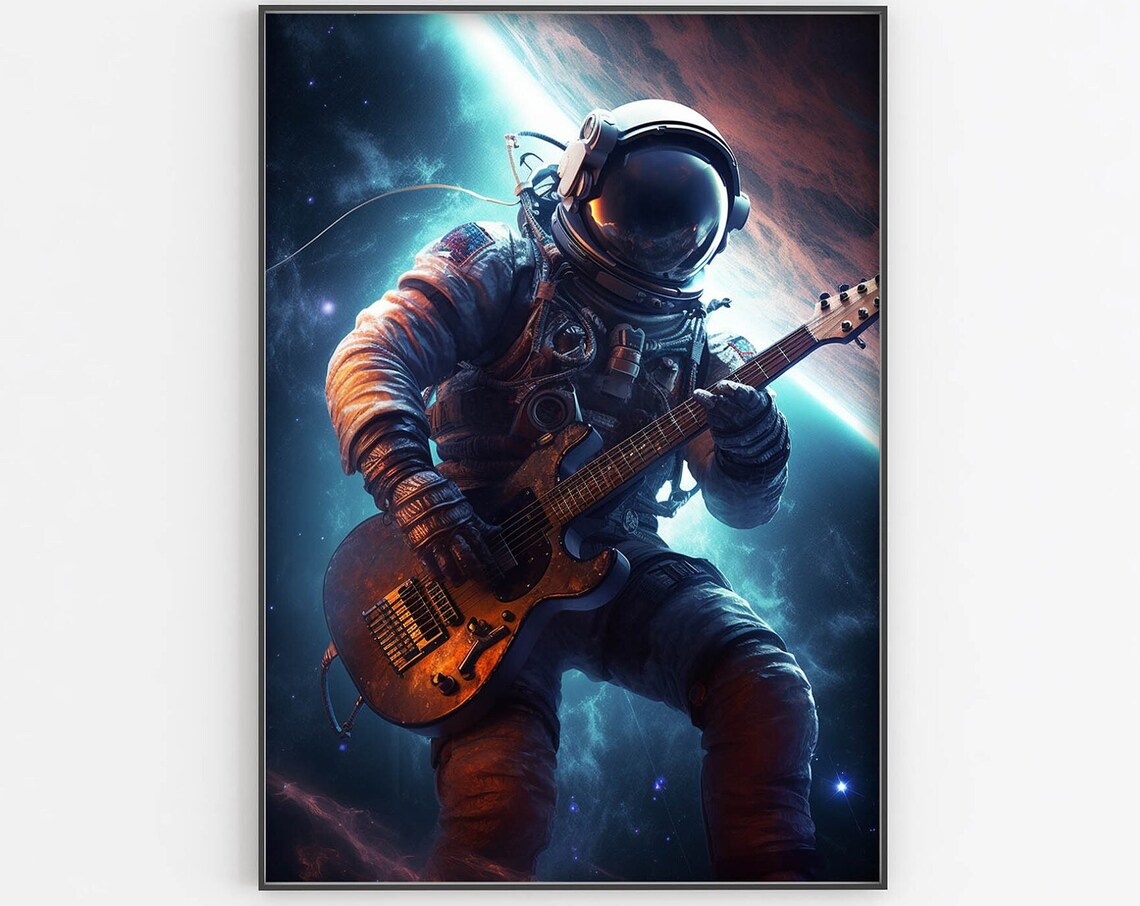 Astronaut Guitarist Above Glowing Planet Horizon Cosmic Poster