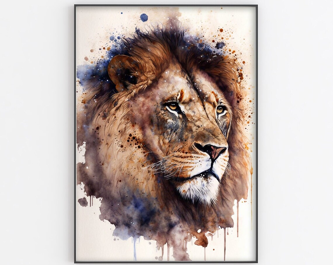 Majestic Lion Watercolor Portrait Wild Mane Big Cat Painting Art Print