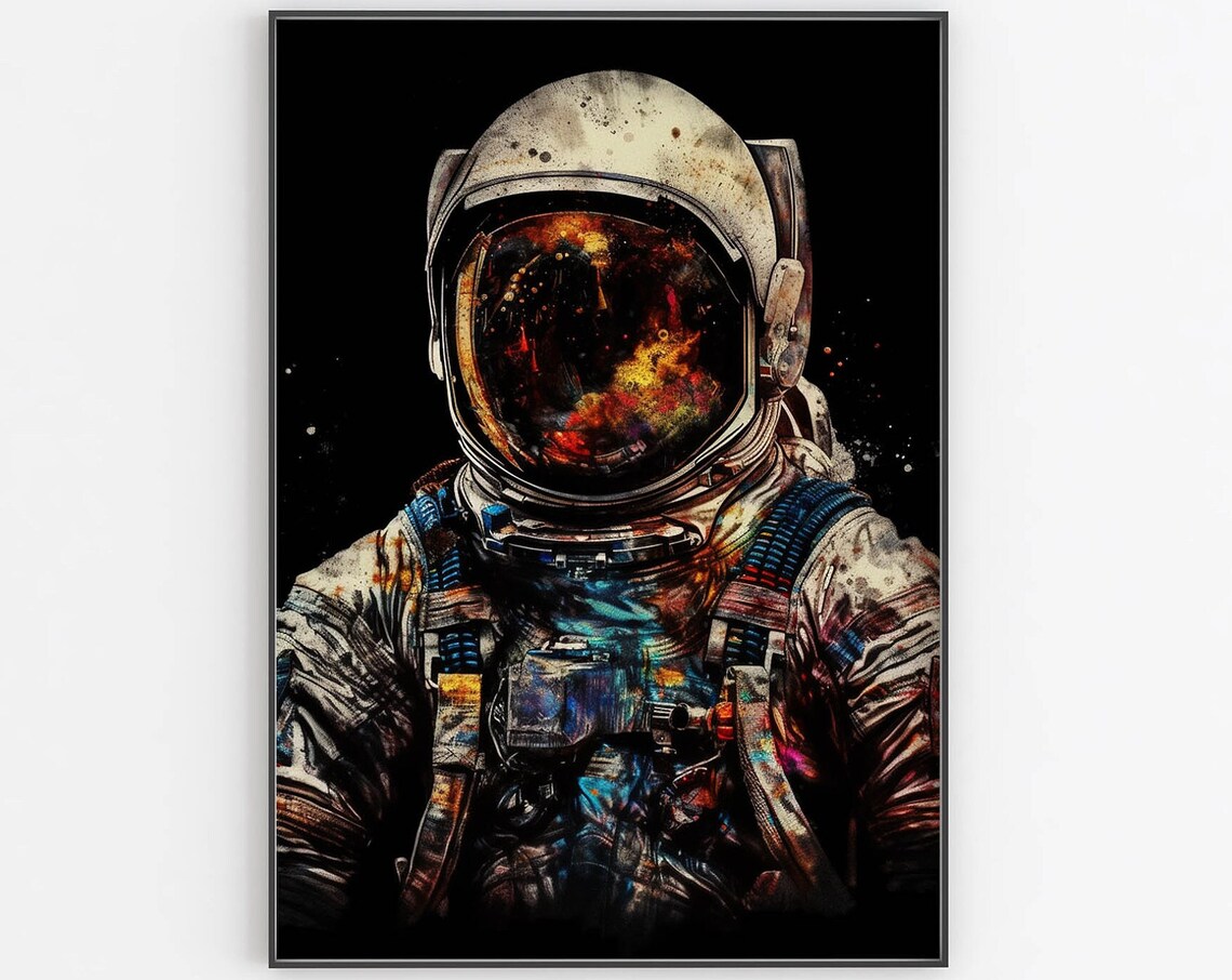 Astronaut Portrait Oil Painting Poster Vibrant Gold Visor Space Artwork