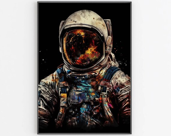 Astronaut Portrait Oil Painting Poster Vibrant Gold Visor Space Artwork