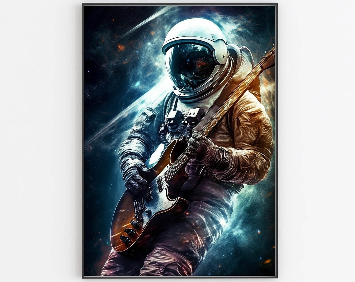 Astronaut Rocking Electric Guitar Against Glowing Nebula Poster
