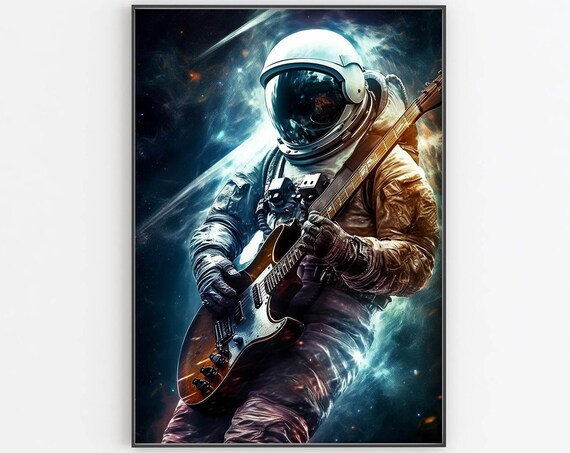 Astronaut Rocking Electric Guitar Against Glowing Nebula Poster