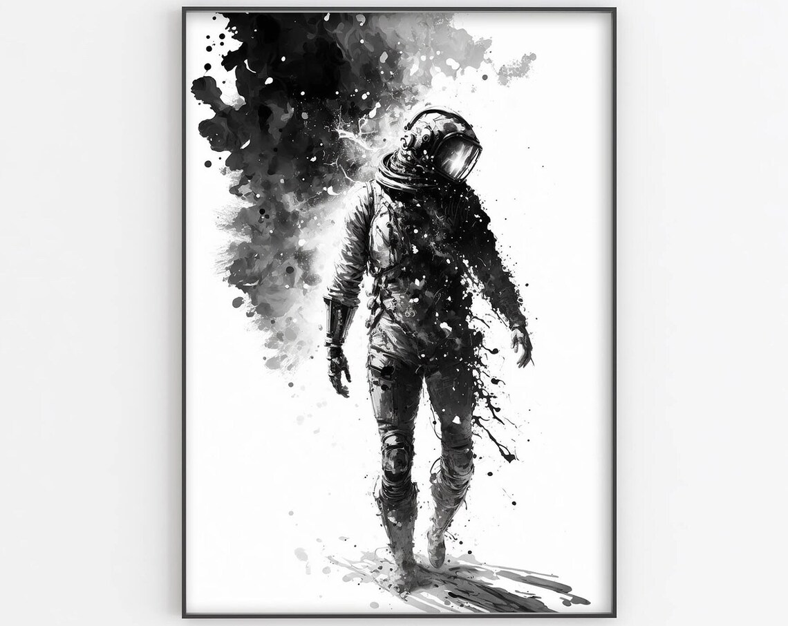 Black and White Astronaut Poster Ink Wash Space Art Minimalist