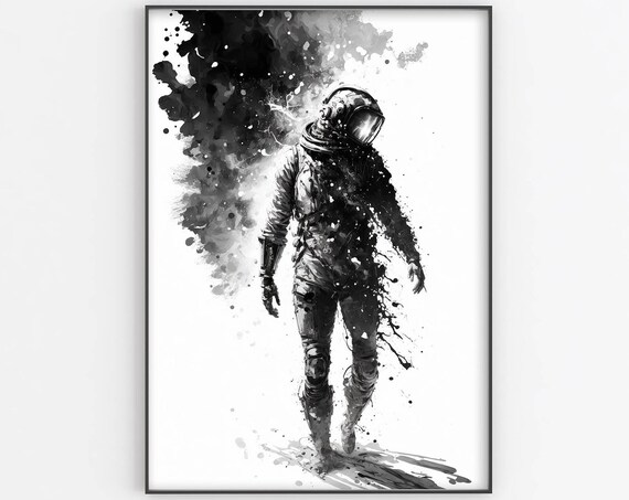 Black and White Astronaut Poster Ink Wash Space Art Minimalist