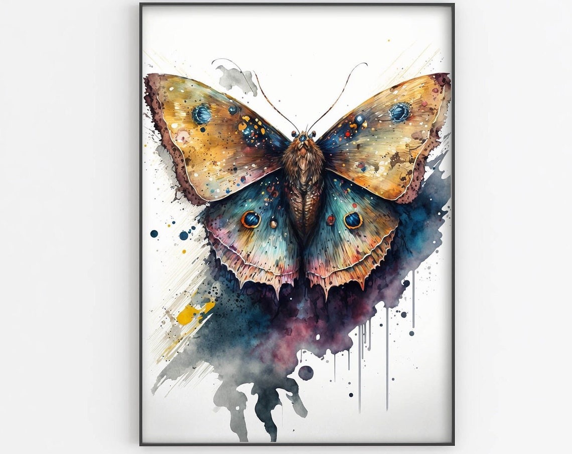 Watercolor Moth Poster With Paint Splashes Butterfly Insect Style Art