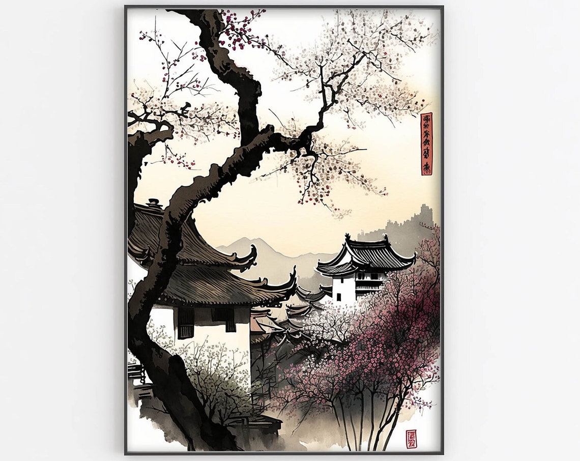 Japanese Watercolor Art Print Japanese Garden Landscape Ink Painting Japanese Art Original Artwork Japanese Decor Living Room Large Wall Art