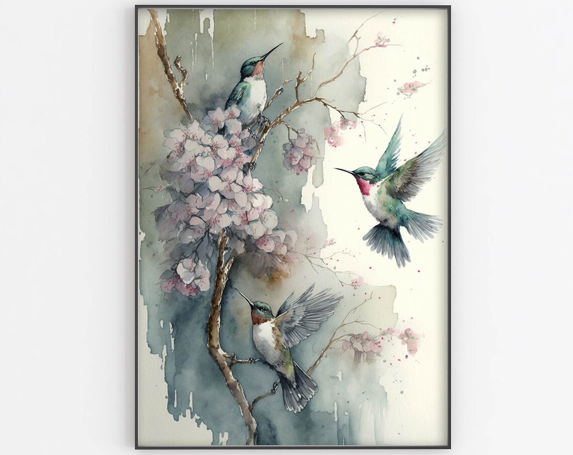 Mystic Three Hummingbirds Blossoms Soft Gray Watercolor Wall Art