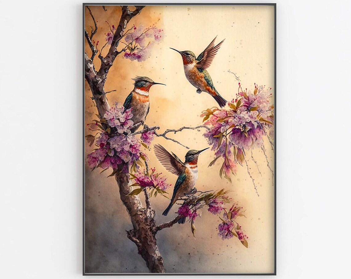 Three Hummingbirds Blossom Branch Golden Warm Watercolor Art Print