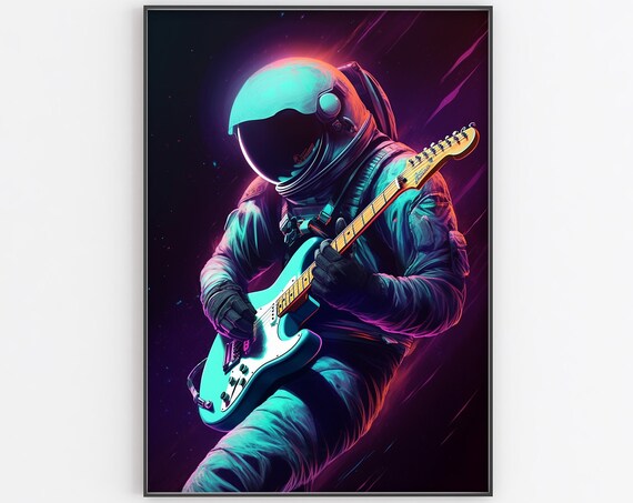Astronaut Playing Electric Guitar Neon Teal Purple Glow Space Poster