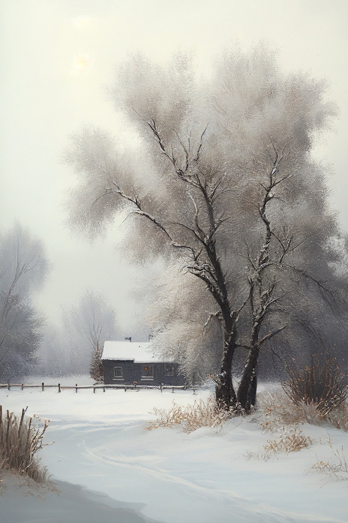 Snowy Winter Cabin Frosty Trees Misty Landscape Painting Poster - Image 2